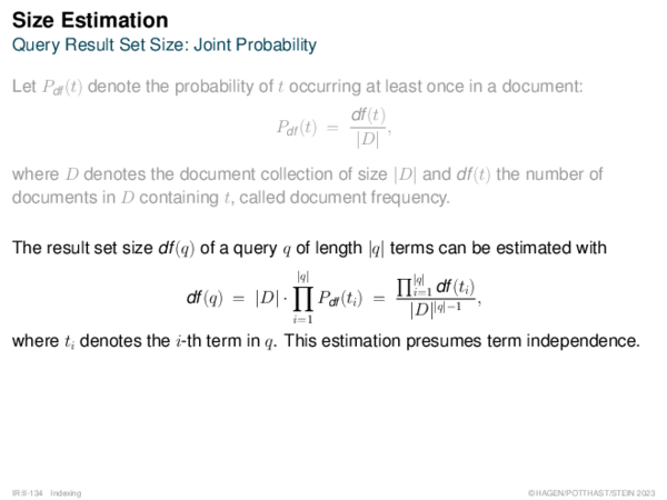 Size Estimation Query Result Set Size: Joint Probability