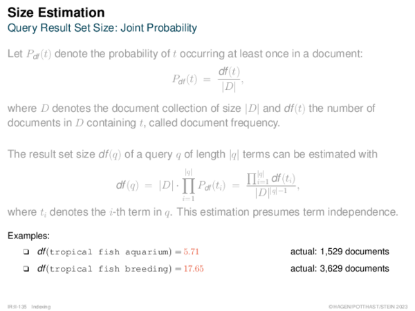 Size Estimation Query Result Set Size: Joint Probability