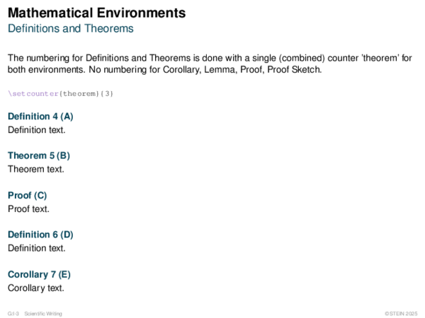 Mathematical Environments Definitions and Theorems