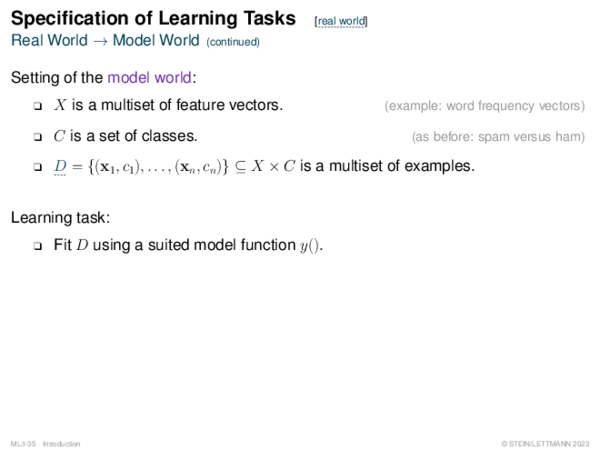 Specification of Learning Tasks Real World → Model World