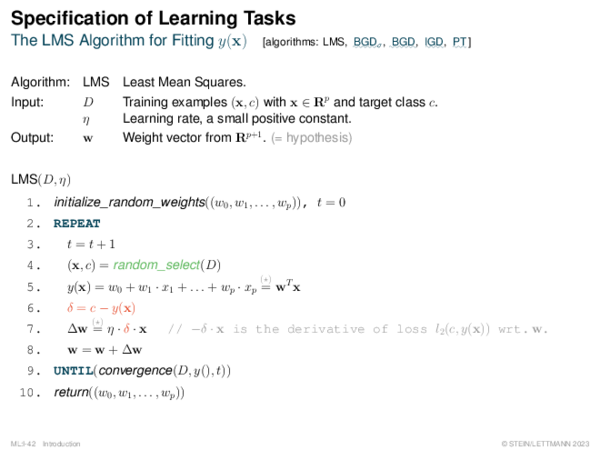 Specification of Learning Tasks The LMS Algorithm for Fitting y(x)