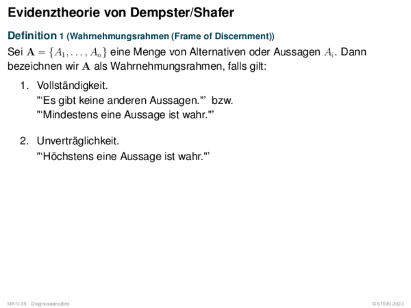 Evidenztheorie von Dempster/Shafer Definition 1 (Wahrnehmungsrahmen (Frame of Discernment))