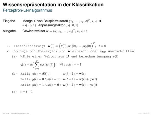 Wissensrepräsentation in der Klassifikation Perzeptron-Lernalgorithmus