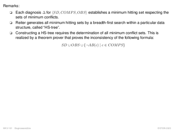 Remarks: Each diagnosis ∆ for hSD, COM P S, OBSi establishes a minimum hitting set respecting the