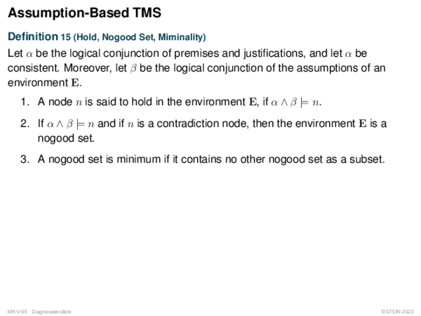 Assumption-Based TMS Definition 15 (Hold, Nogood Set, Miminality)