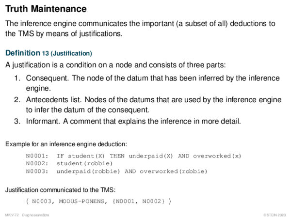 Truth Maintenance The inference engine communicates the important (a subset of all) deductions to