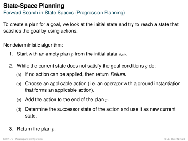 State-Space Planning Forward Search in State Spaces (Progression Planning)