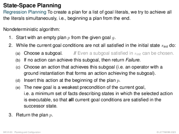 State-Space Planning Regression Planning To create a plan for a list of goal literals, we try to achieve all