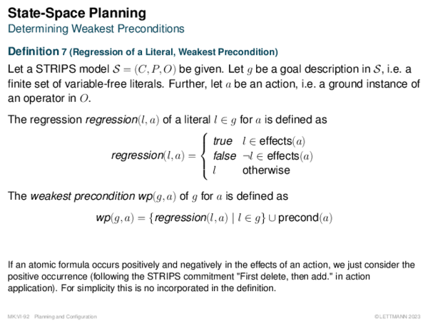 State-Space Planning Determining Weakest Preconditions