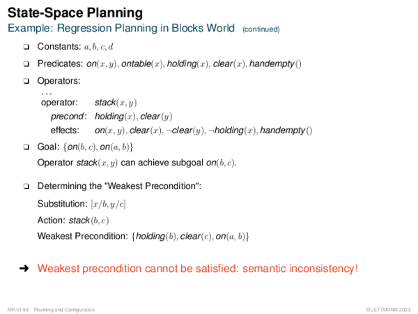 State-Space Planning Example: Regression Planning in Blocks World