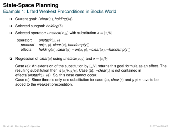 State-Space Planning Example 1: Lifted Weakest Preconditions in Blocks World