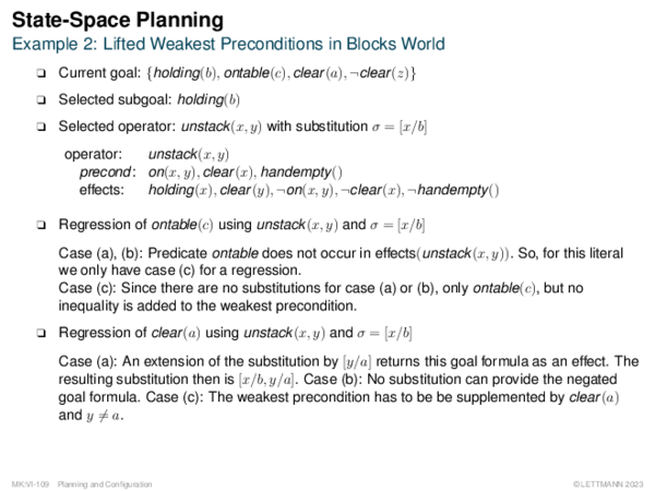 State-Space Planning Example 2: Lifted Weakest Preconditions in Blocks World