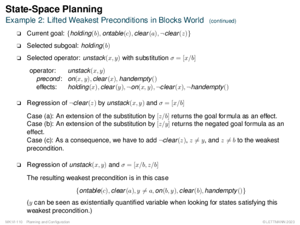 State-Space Planning Example 2: Lifted Weakest Preconditions in Blocks World