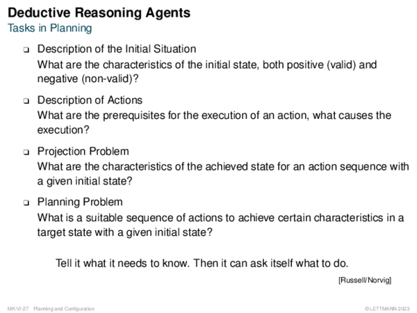 Deductive Reasoning Agents Tasks in Planning
