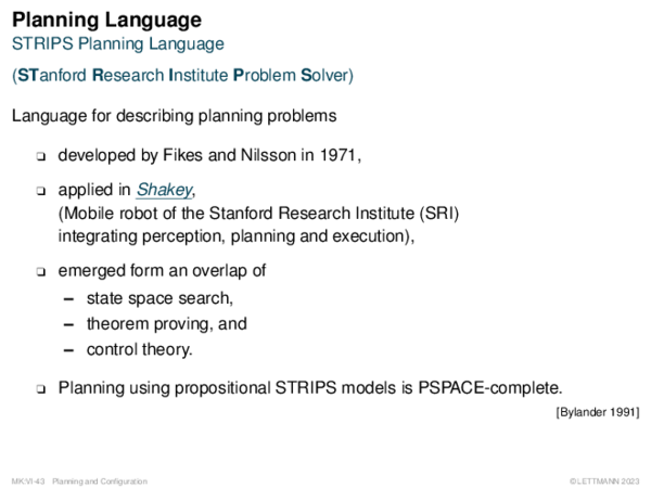 Planning Language STRIPS Planning Language