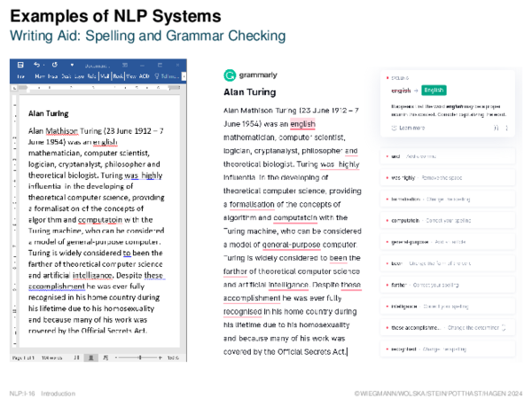 Examples of NLP Systems Writing Aid: Spelling and Grammar Checking