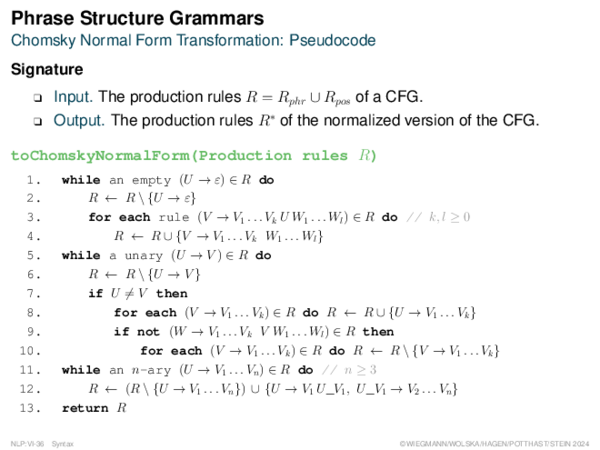 Phrase Structure Grammars Chomsky Normal Form Transformation: Pseudocode