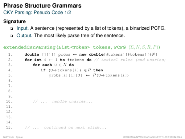 Phrase Structure Grammars CKY Parsing: Pseudo Code 1/2