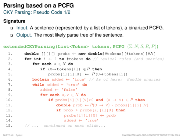 Parsing based on a PCFG CKY Parsing: Pseudo Code 1/2