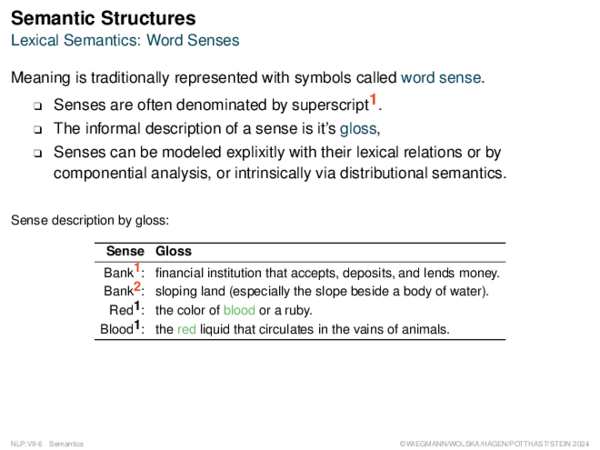 Semantic Structures Lexical Semantics: Word Senses