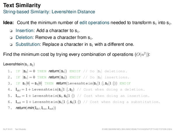 Text Similarity String-based Similarity: Levenshtein Distance