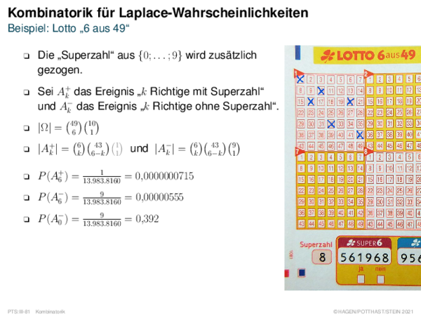 Kombinatorik für Laplace-Wahrscheinlichkeiten Beispiel: Lotto „6 aus 49“