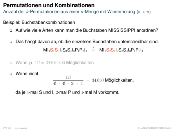 Permutationen und Kombinationen Anzahl der k-Permutationen aus einer n-Menge mit Wiederholung (k > n)