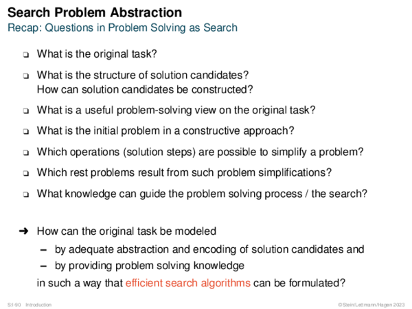 Search Problem Abstraction Recap: Questions in Problem Solving as Search